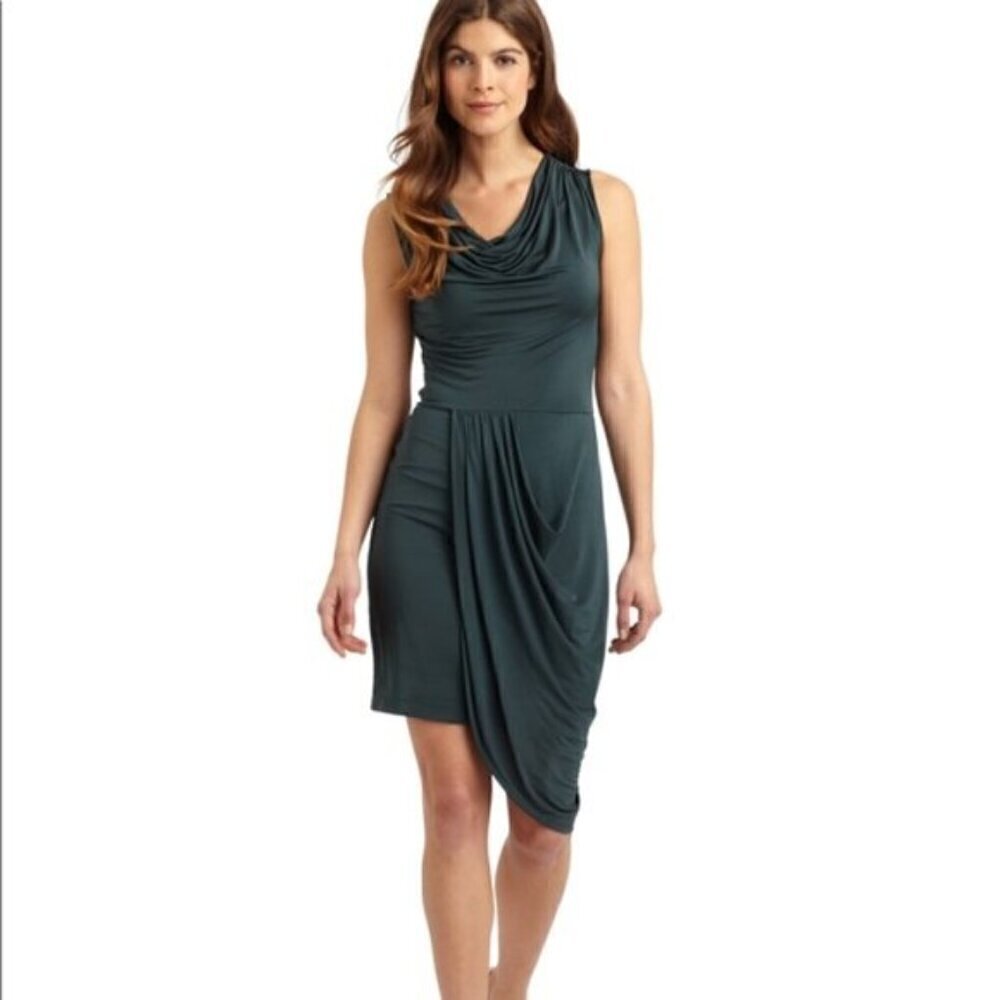 BCBGMaxAzria Pine Green Myra Cowl Asymmetrical Dress Women's Size M Spandex